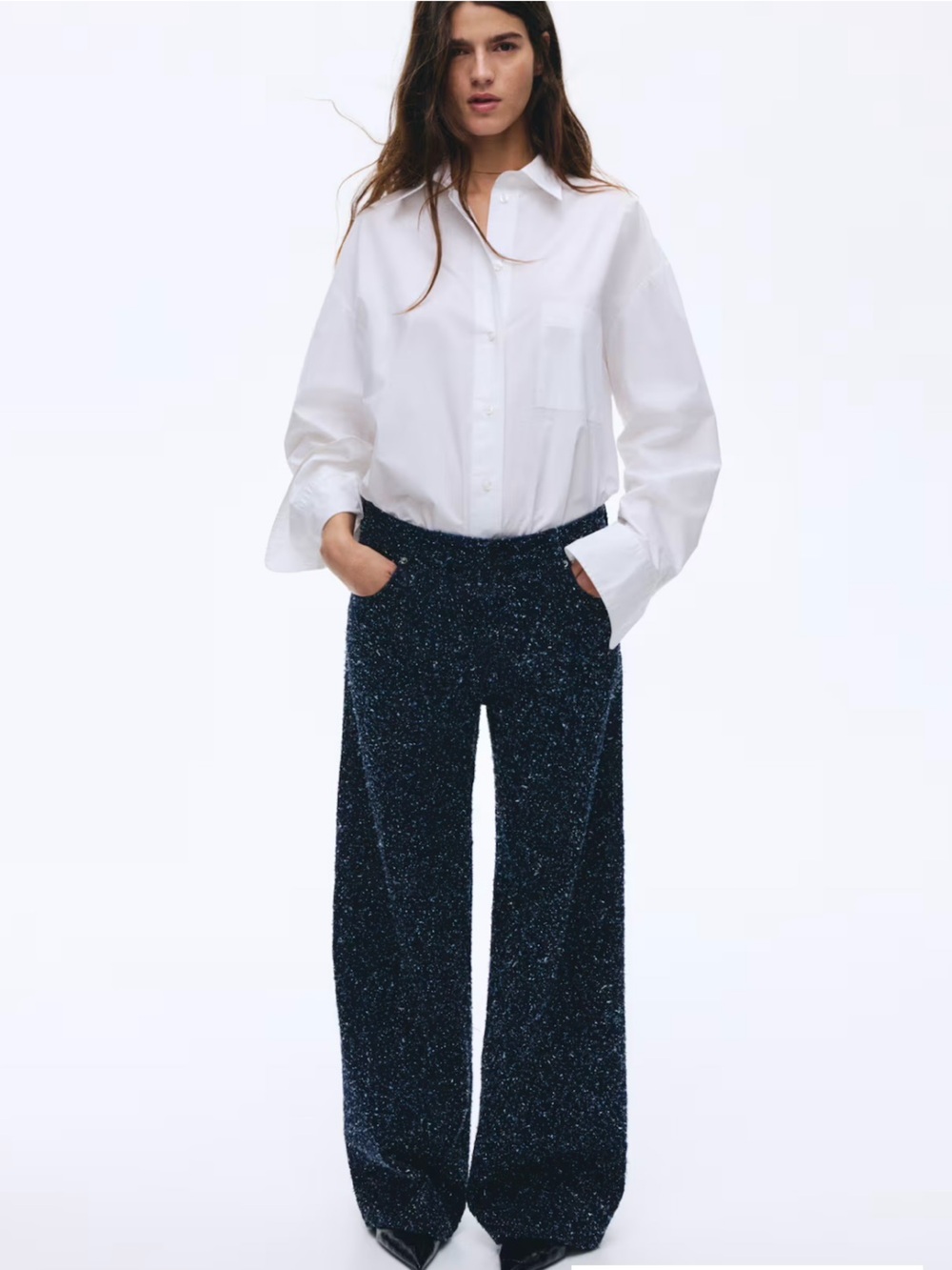 h&M Edition Bouclé Denim Jeans Navy Blue Speckled Textured Straight Leg Pants